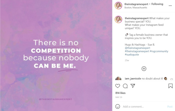 گرافیک در اینستاگرام Sue B Zimmerman که می گوید "رقابتی وجود ندارد زیرا هیچکس نمی تواند من باشد."
